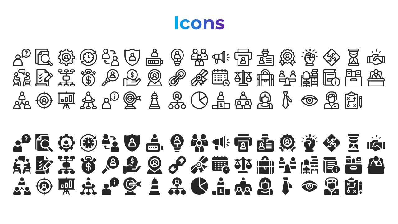 Slide displays a variety of icons, including business, strategy, leadership, and analysis symbols, organized into two rows.