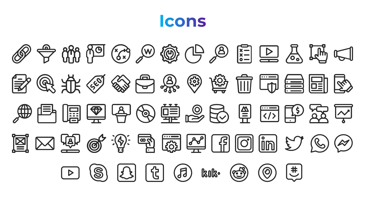 Slide showcasing various icons representing tools and concepts such as SEO, social media, data analysis, and web development.