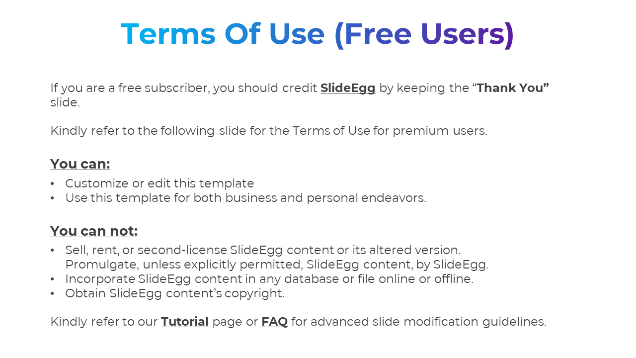 Terms of use slide for free users of SlideEgg, outlining what can and cannot be done with the templates on a white theme.
