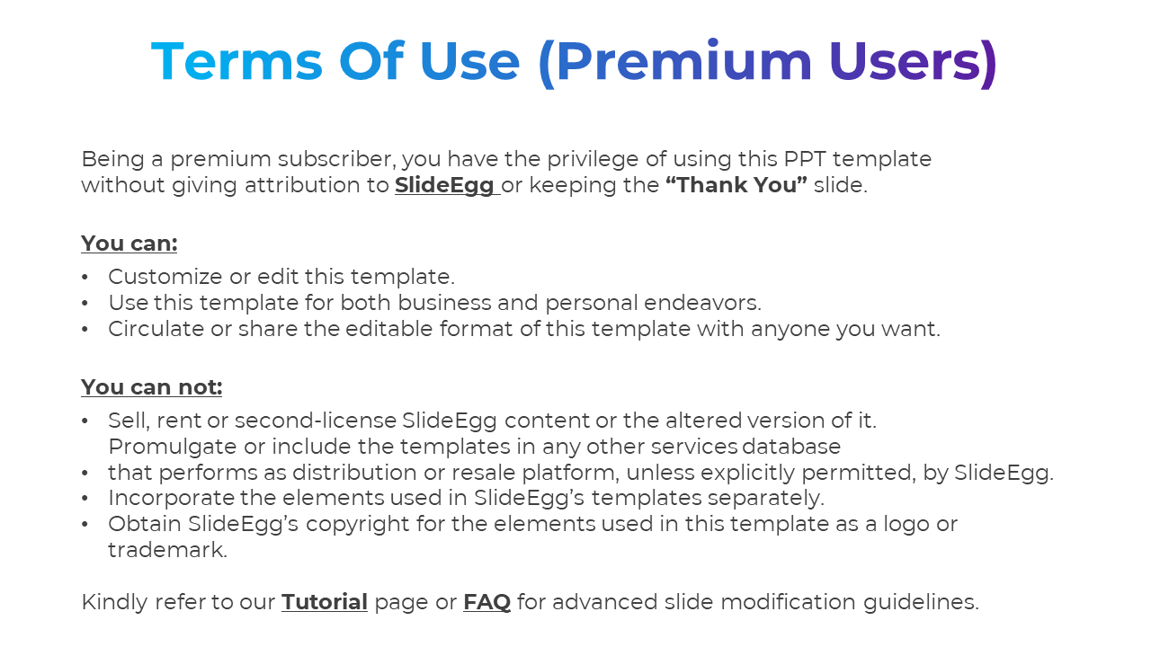 A slide explaining the privileges of premium users, including the ability to customize and share templates on a white theme.
