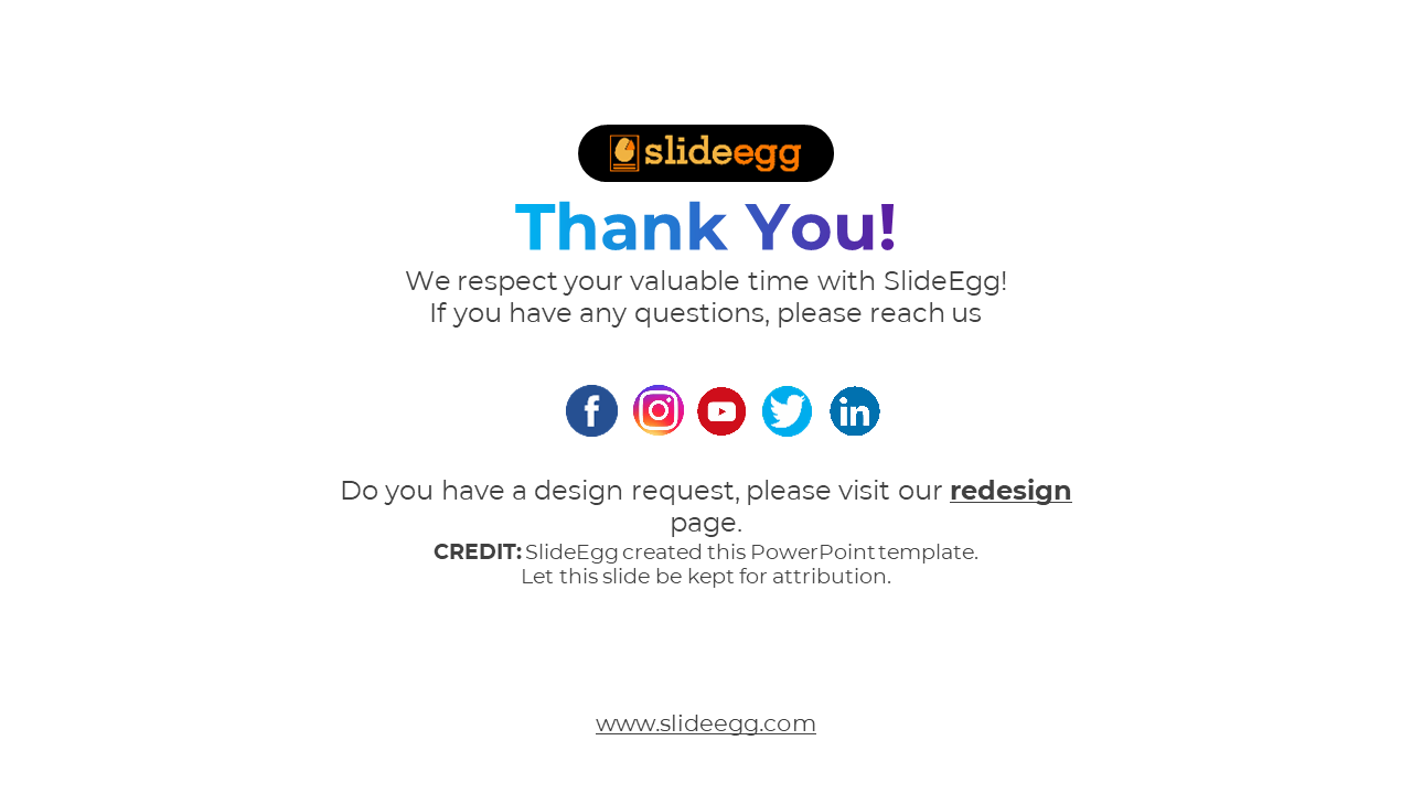 Thank you PPT slide from SlideEgg with social media icons and a link to the redesign page on a white backdrop.