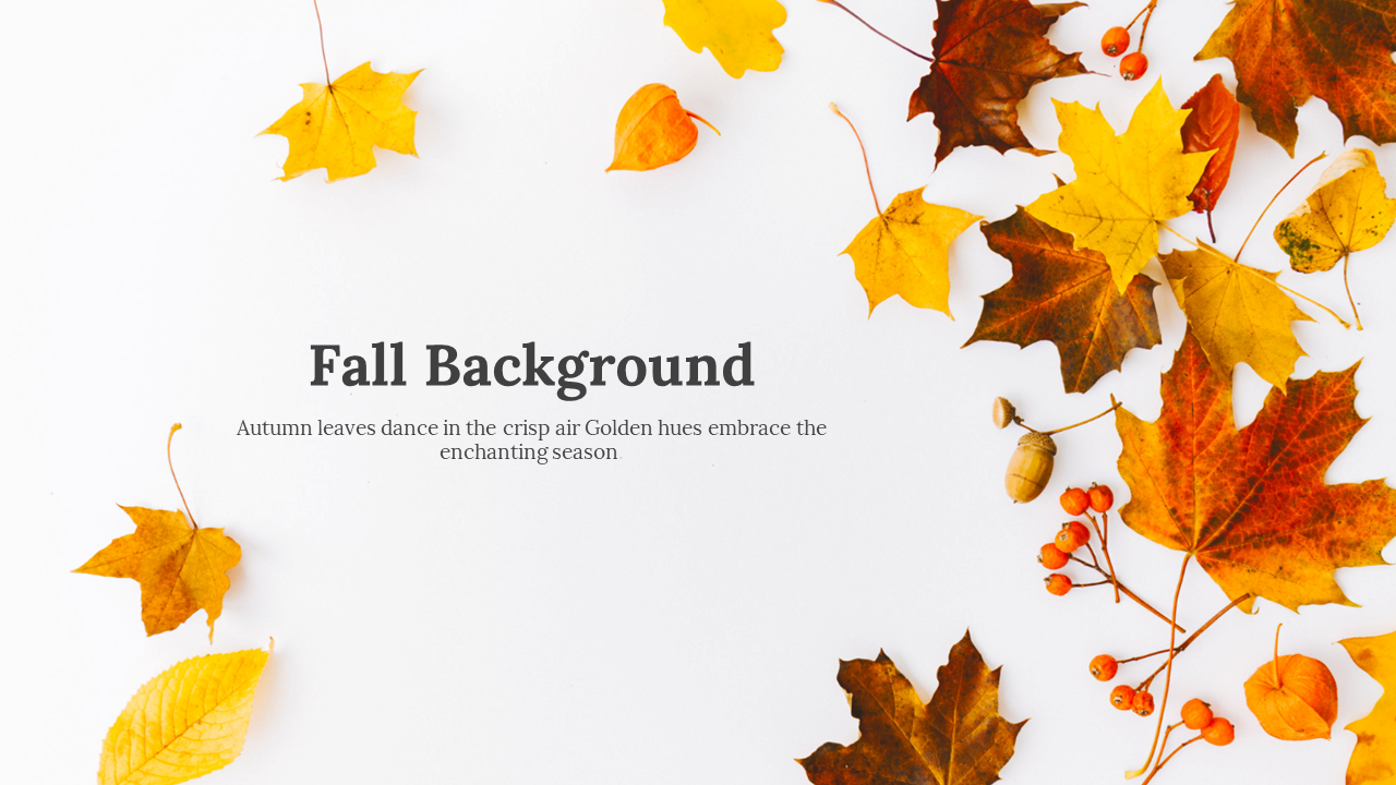 A flat lay of autumn leaves in golden, orange, and red hues, scattered with berries and an acorn with soft white background.