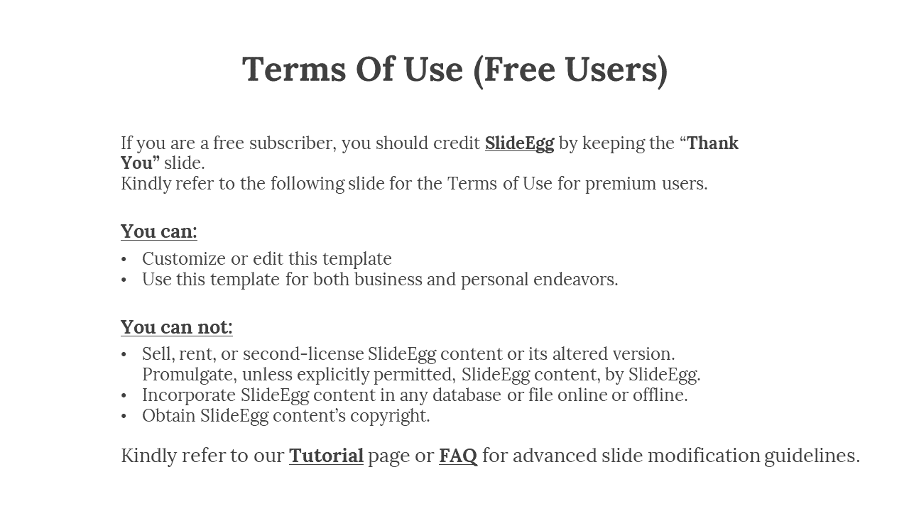 Terms for free users of SlideEgg, detailing the permissions and restrictions for using the template on a white backdrop.