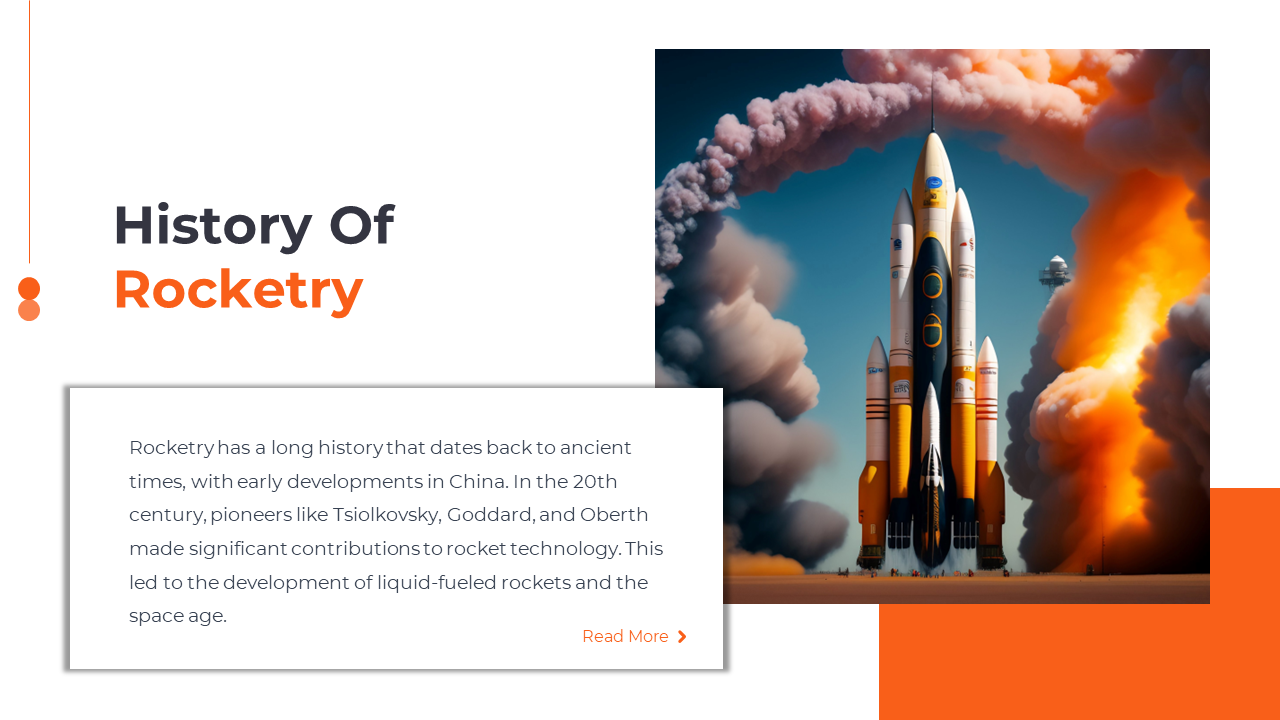 A slide showing the history of rocketry with an image of a rocket launching into the sky amidst thick clouds of smoke.