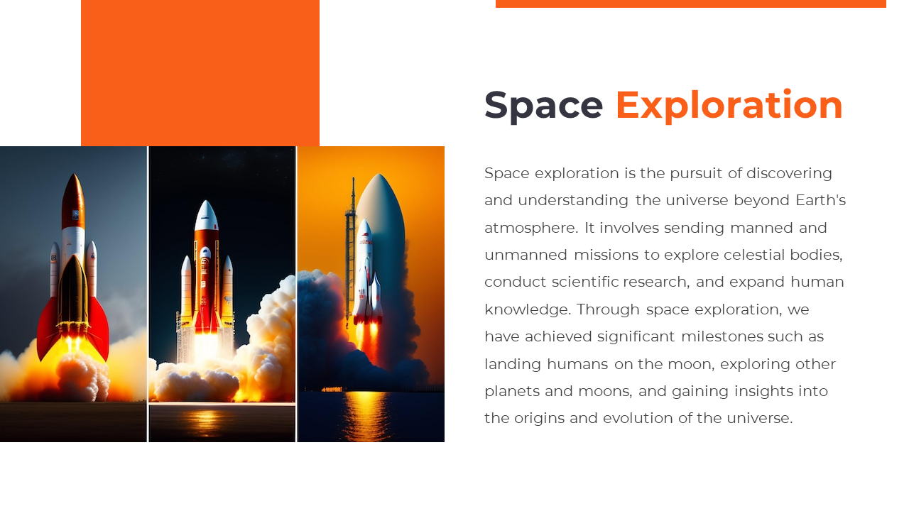Space exploration concept slide showcasing three rockets launching with an explanation of mankind's journey.