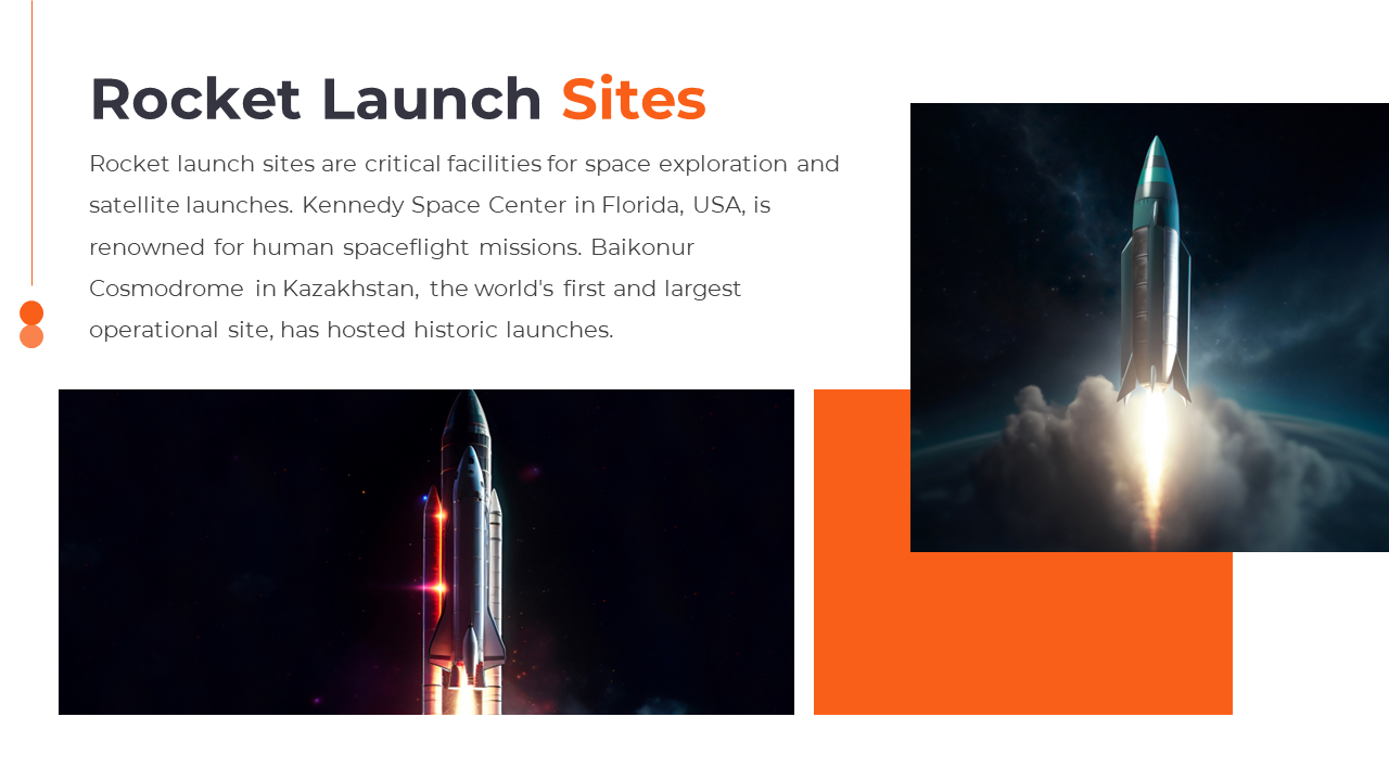 Rocket launch site slide featuring an image of a rocket lifting off, with a description of famous sites.
