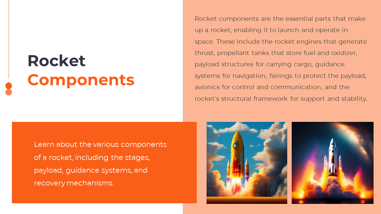 An informative slide about rocket components, featuring an image of a rocket with labeled components.