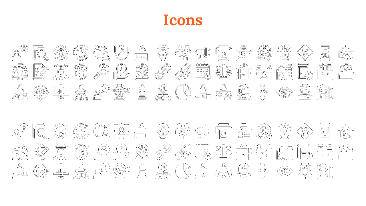 A collection of black and white icons representing various concepts such as search, finance, teamwork, and time management.