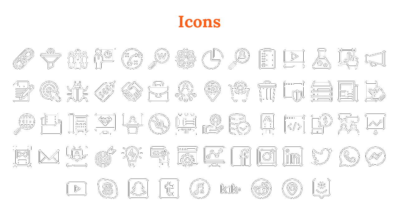 Grid of business, technology, and communication icons, including social media, analytics, and digital tools on a white theme.