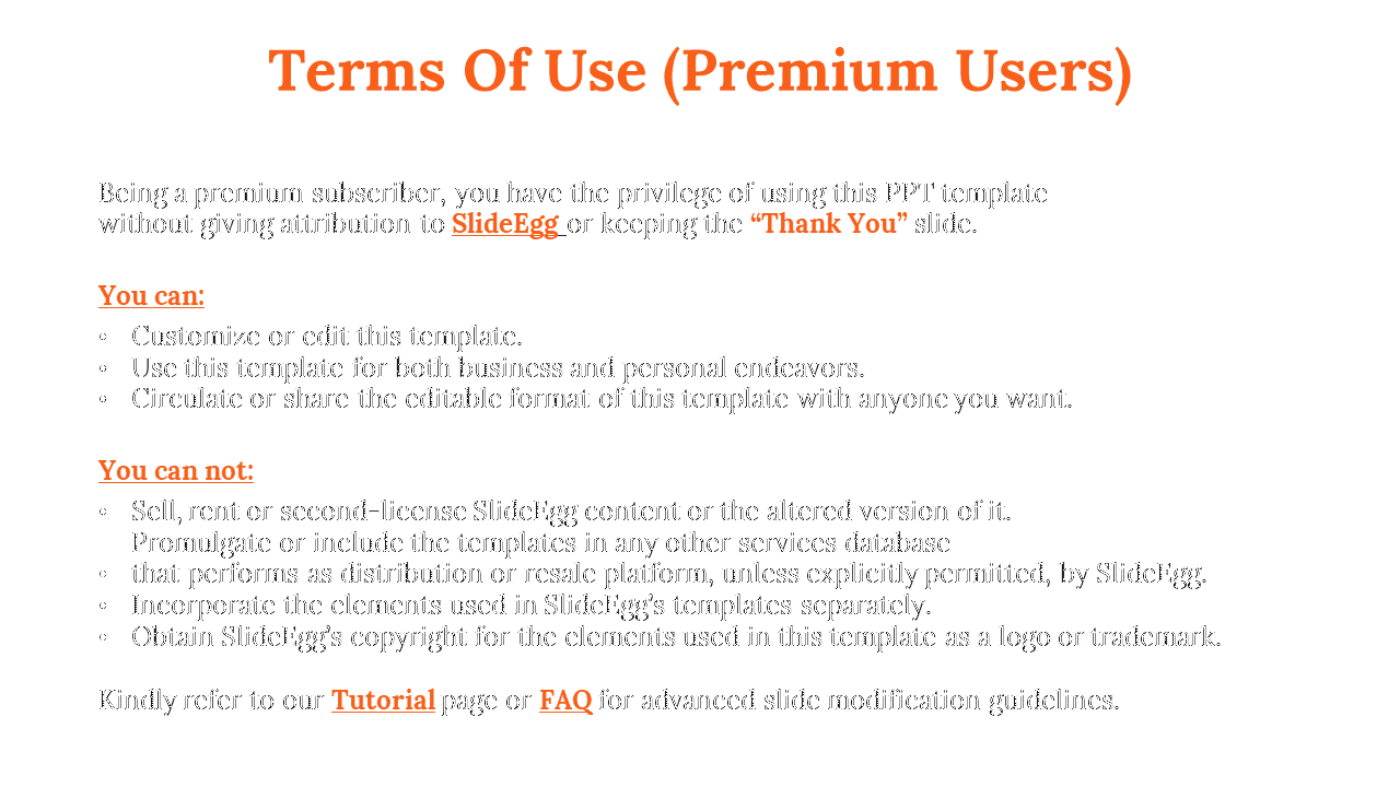 Terms of use for premium SlideEgg users, highlighting the benefits of using templates on a white backdrop.