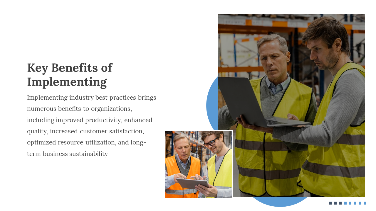 Two workers in safety vests review information on a laptop in a warehouse, with an inset image of men using a tablet.