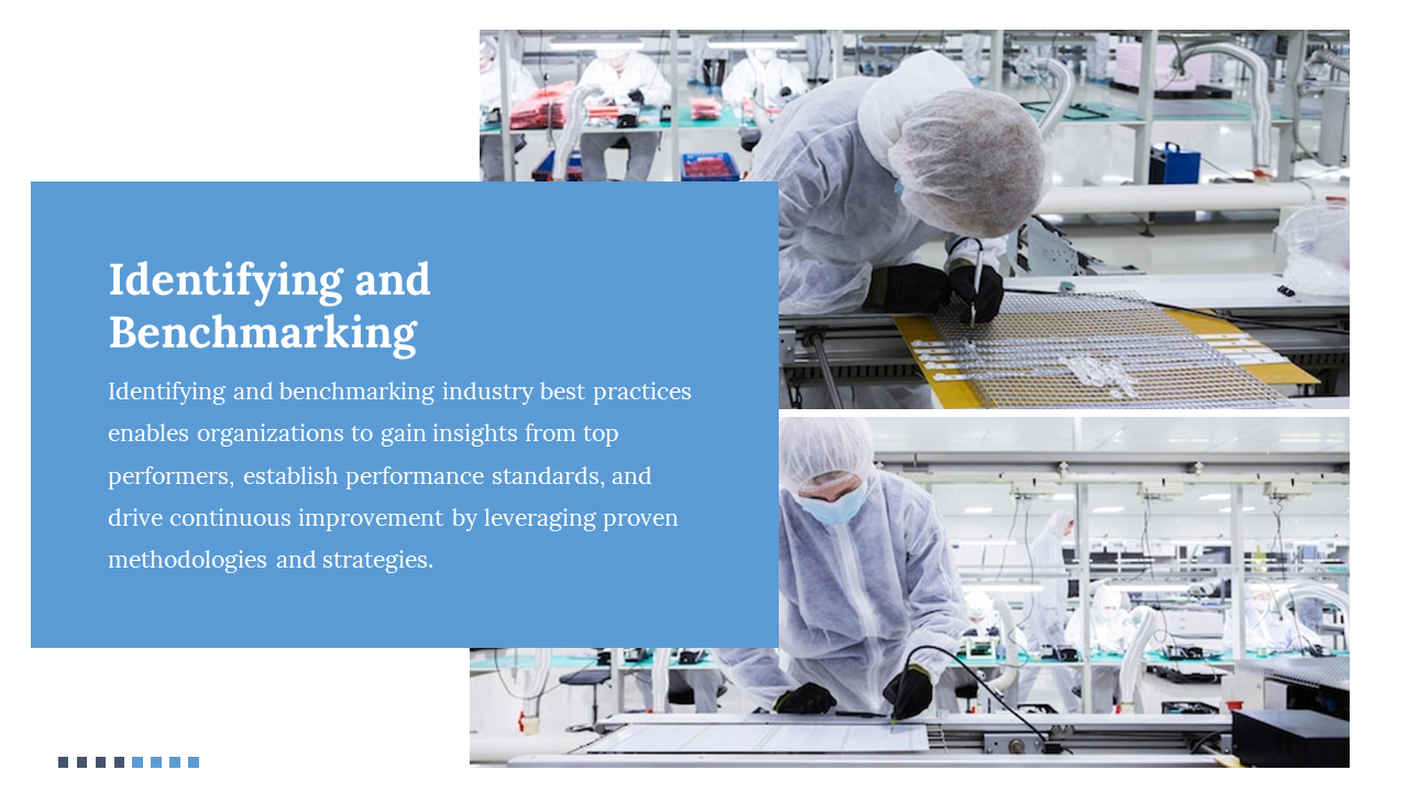 Slide with two images of workers in protective gear inspect and assemble parts on a factory floor, with a blue text panel.