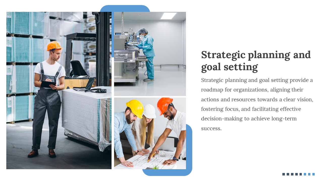 Slide with three images of a man in a warehouse uses a tablet, a worker in a lab coat and team planning with a blueprint.