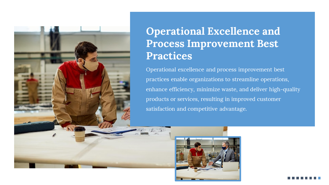 Worker in a red and beige uniform inspects documents on a table in a workshop, with a blue text box on the right.