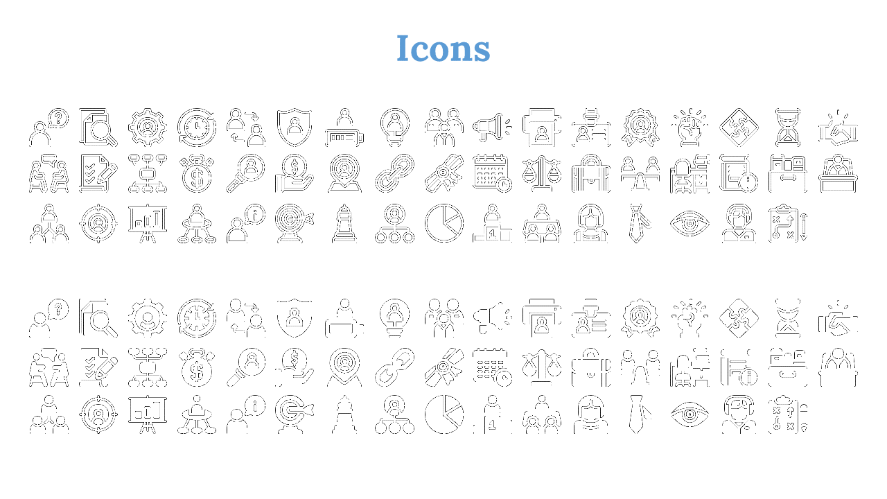Collection of outlined and filled black icons in rows, showing various business related symbols under blue title.