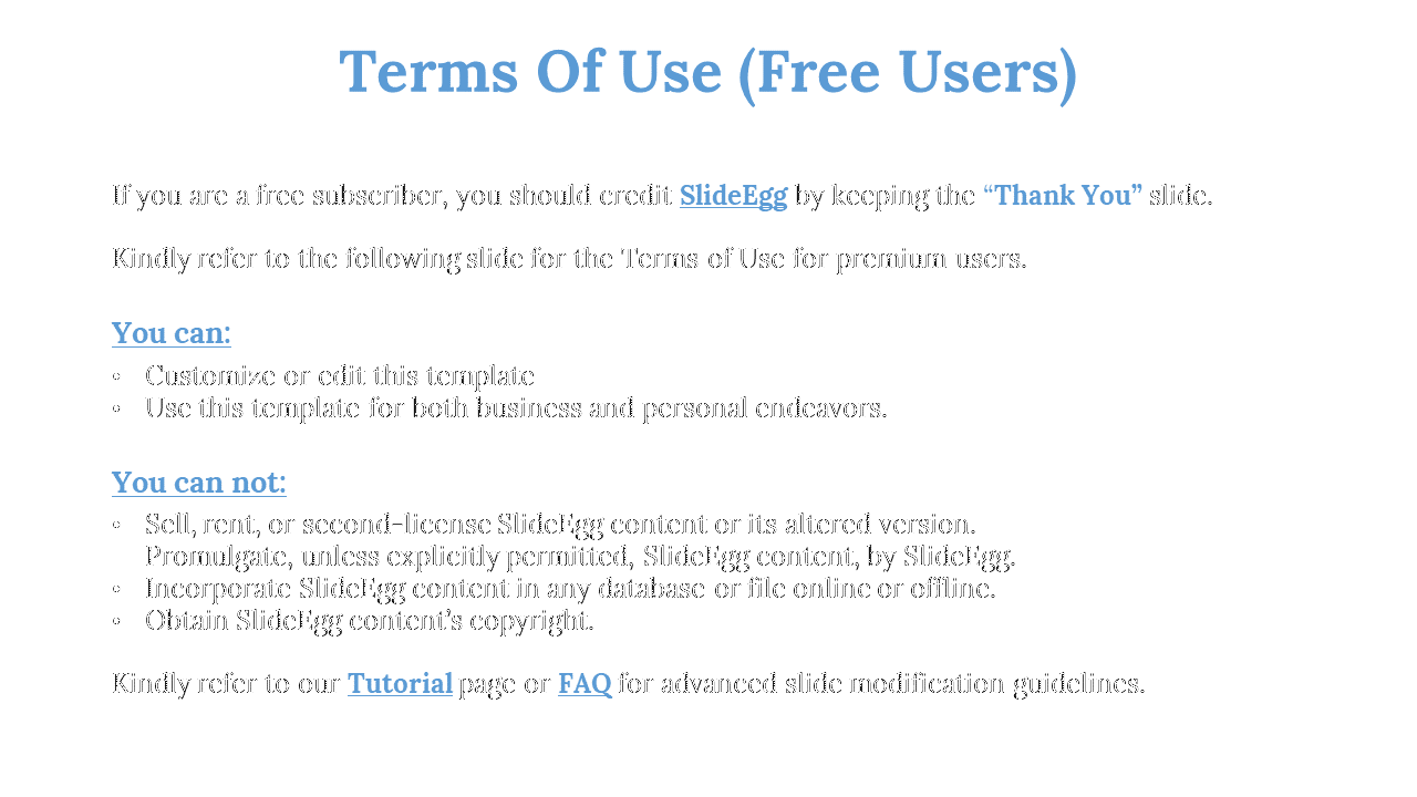 Terms of use for free users, with guidelines on customization, usage restrictions, and SlideEgg credit using blue text.