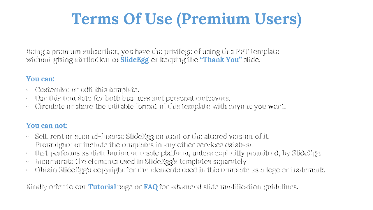 Terms of use slide with blue title, rules for premium users, and usage rights listed under bullet points.