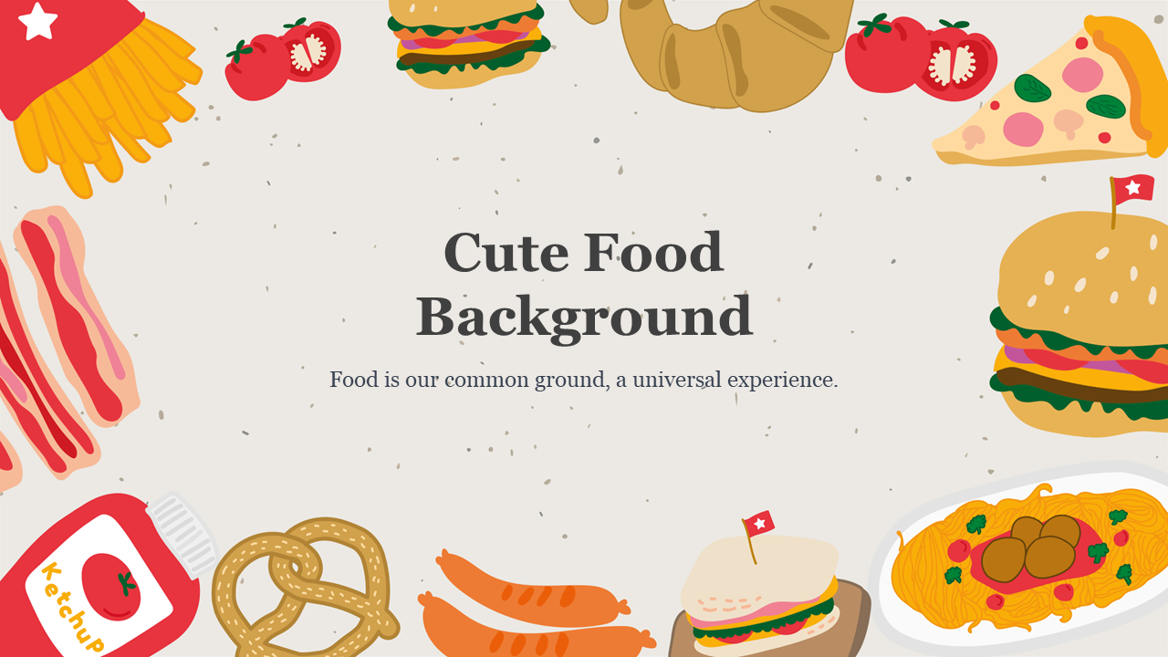 Neutral background with circular food illustrations like burgers and fries, around the central title in a whimsical pattern.