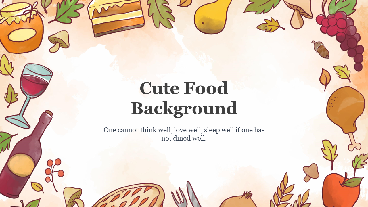 Soft pastel background filled with food illustrations like wine, grapes, and cake, surrounding the title.