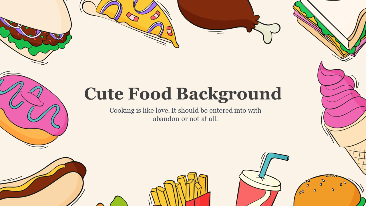 Cute food themed background with various food items like a sandwich, pizza, donut, and fries, surrounding the title.