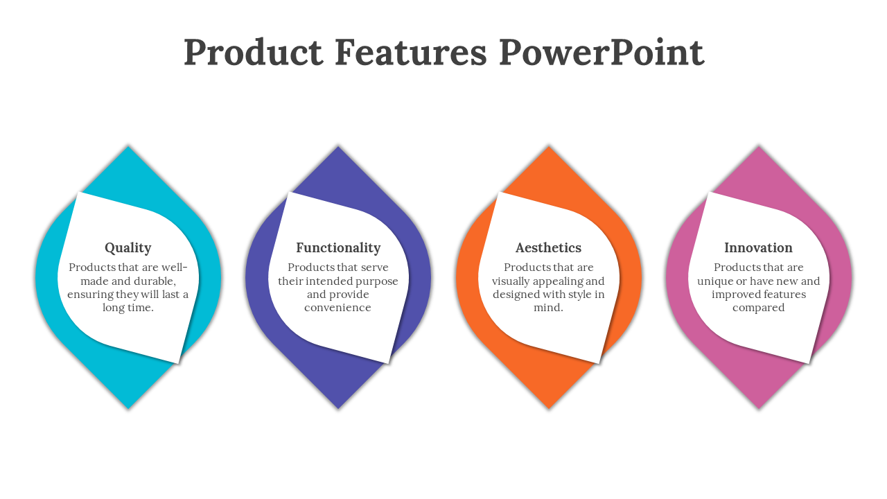 Four diamond shaped boxes in blue, purple, orange, and pink, with descriptions of product features, aligned in a row.