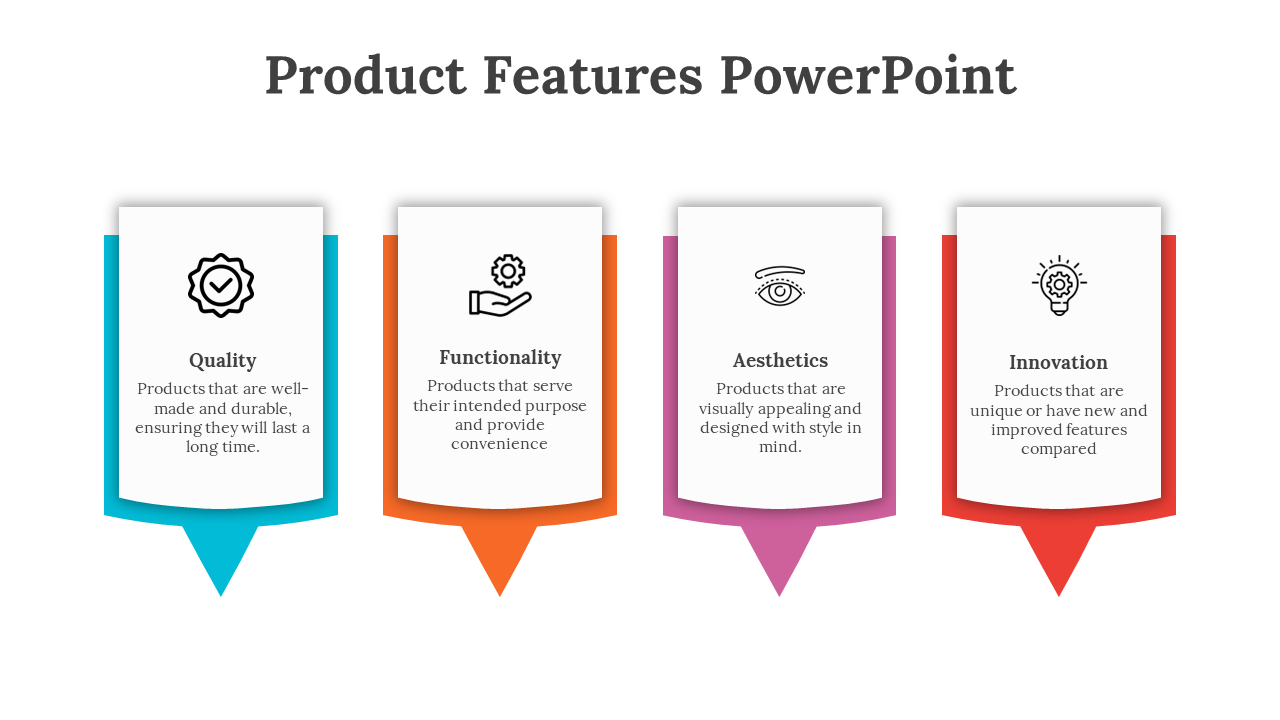 Four rectangular banners with blue, orange, pink, and red pointers below, highlighting key product features.