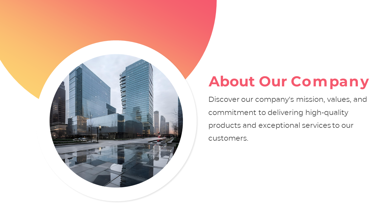 Modern cityscape with sleek office buildings and a circular gradient background, highlighting the about our company section.