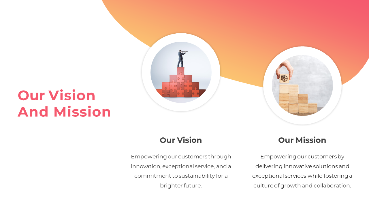 Conceptual images representing company vision and mission a person looking ahead on puzzle blocks and stacking wooden blocks.