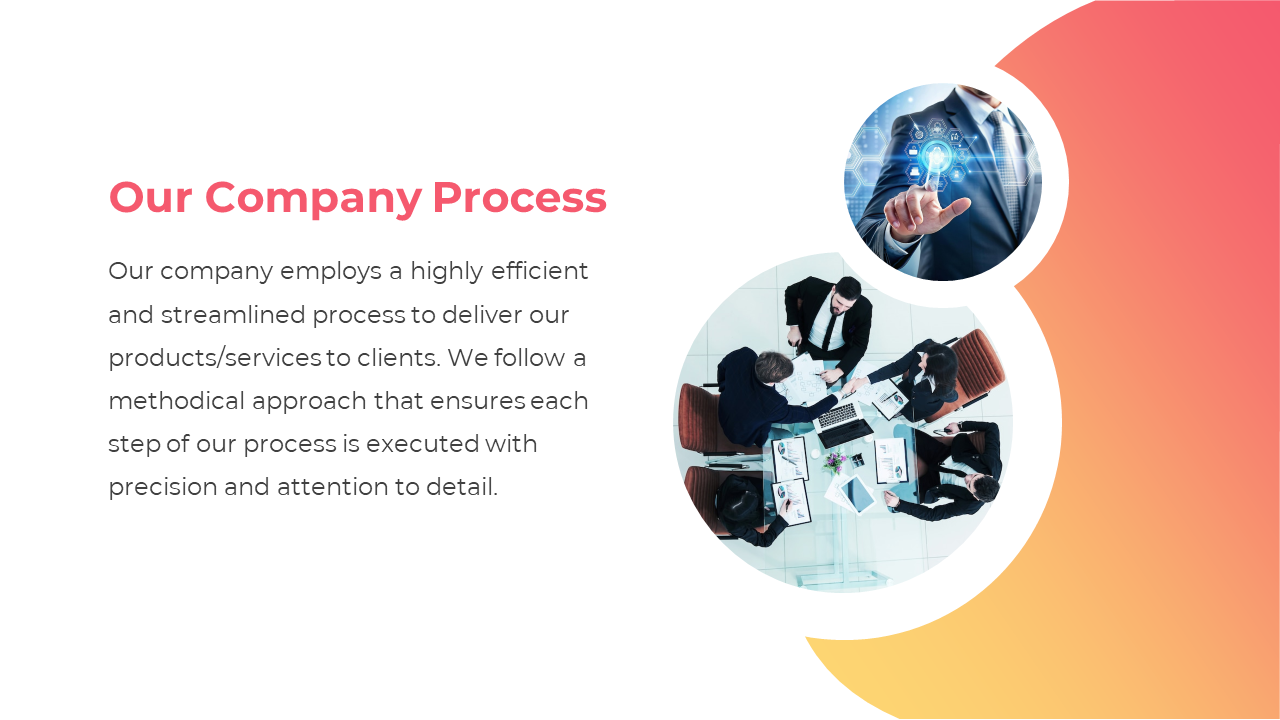 Company process slide showcasing a team collaborating with a high tech approach on a white and orange backdrop.