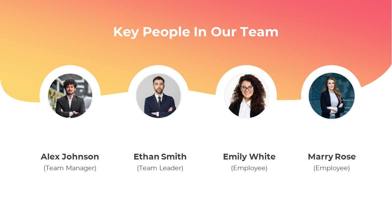 Orange and white team introduction with Alex Johnson, Ethan Smith, Emily White, and Marry Rose, featuring their roles.