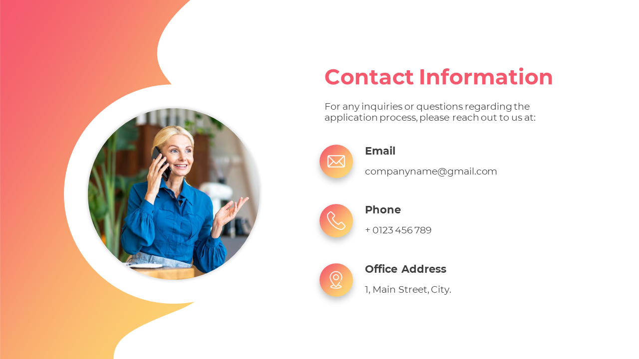 Contact information slide featuring a woman on the phone and company details for email, phone, and office address.