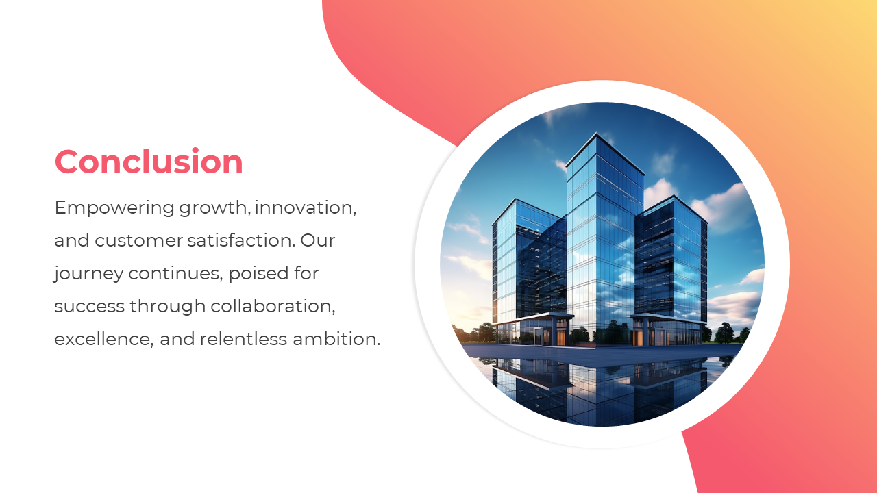 A visual conclusion showcasing a modern building with a message about success on an orange and white backdrop.