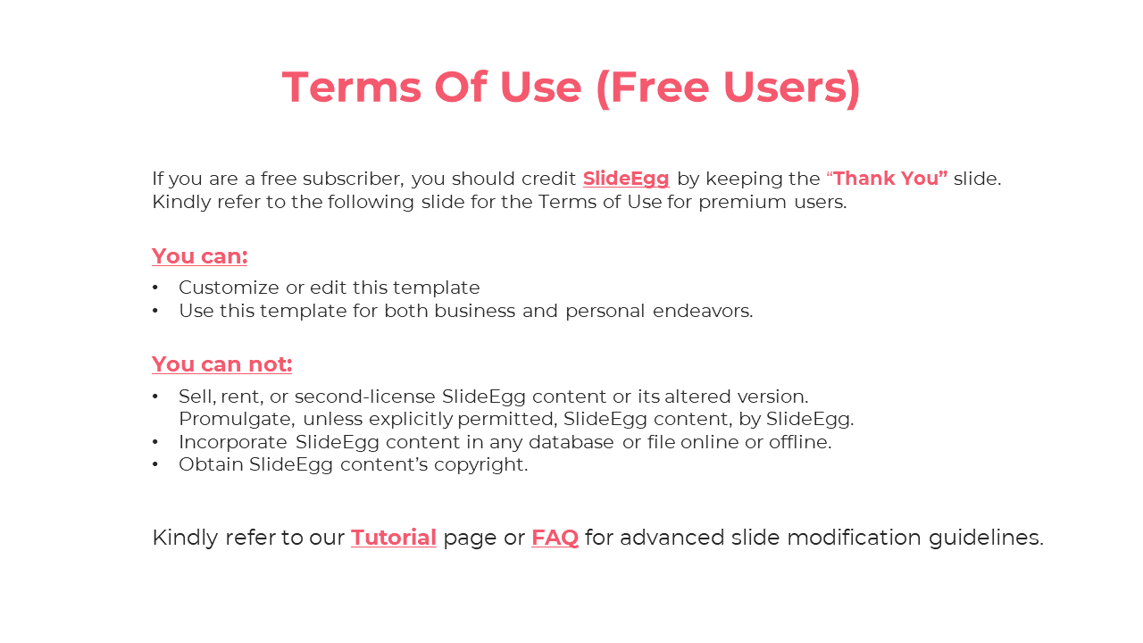 Terms of use for SlideEgg free users, explaining customization rights and restrictions on content distribution and copyright.