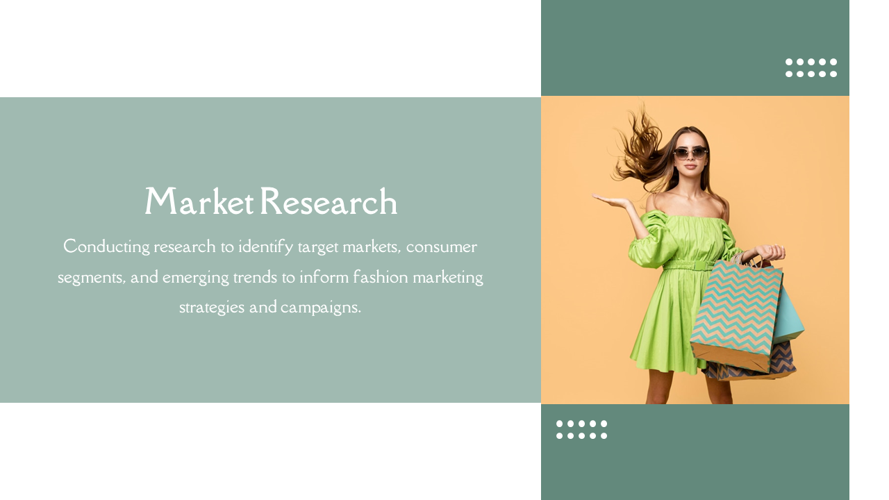 Woman in a green off shoulder dress holding shopping bags, on a warm orange background and a pale green text box on left.