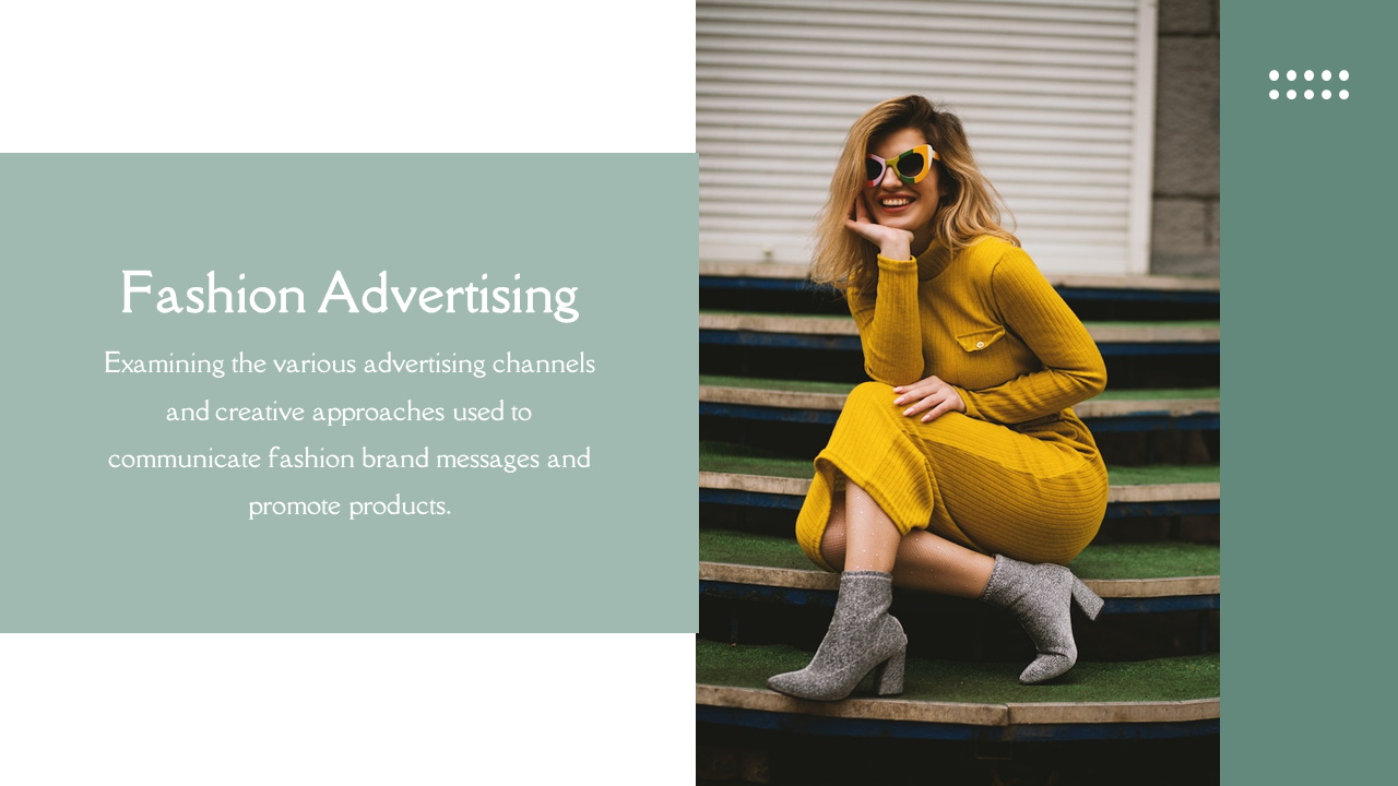 Fashion slide featuring a woman in a yellow outfit with sunglasses, seated on stairs with a green text box on the left.