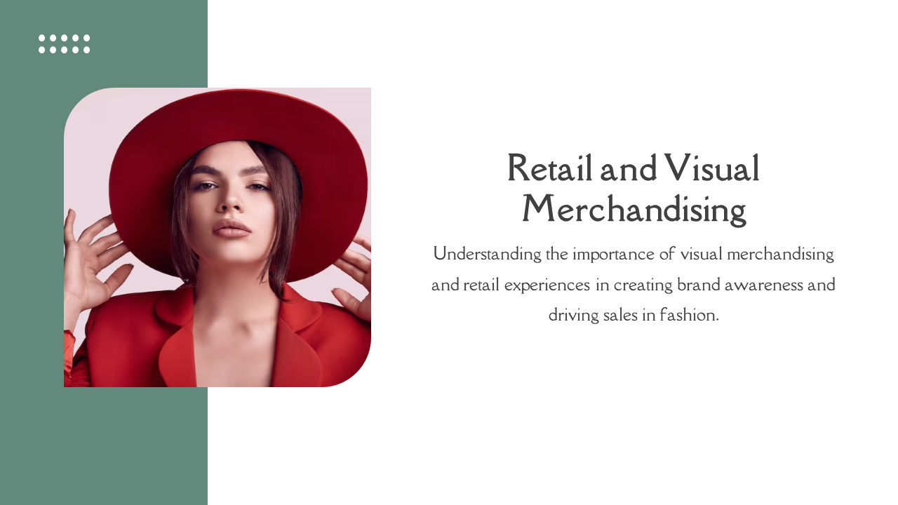 Fashion slide with a woman wearing a red jacket and hat, posed against a pink backdrop and a green sidebar.