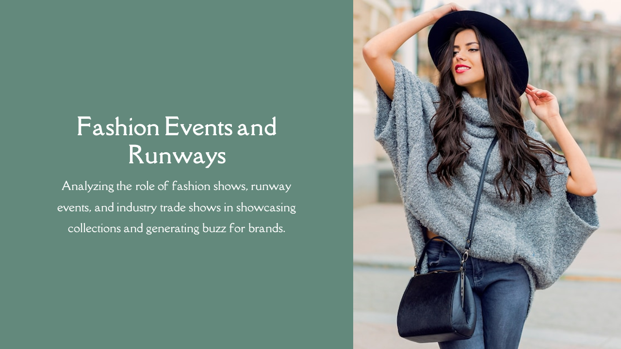 Slide featuring a fashion model in a gray outfit with a black hat and handbag,  with muted green text box on the left.