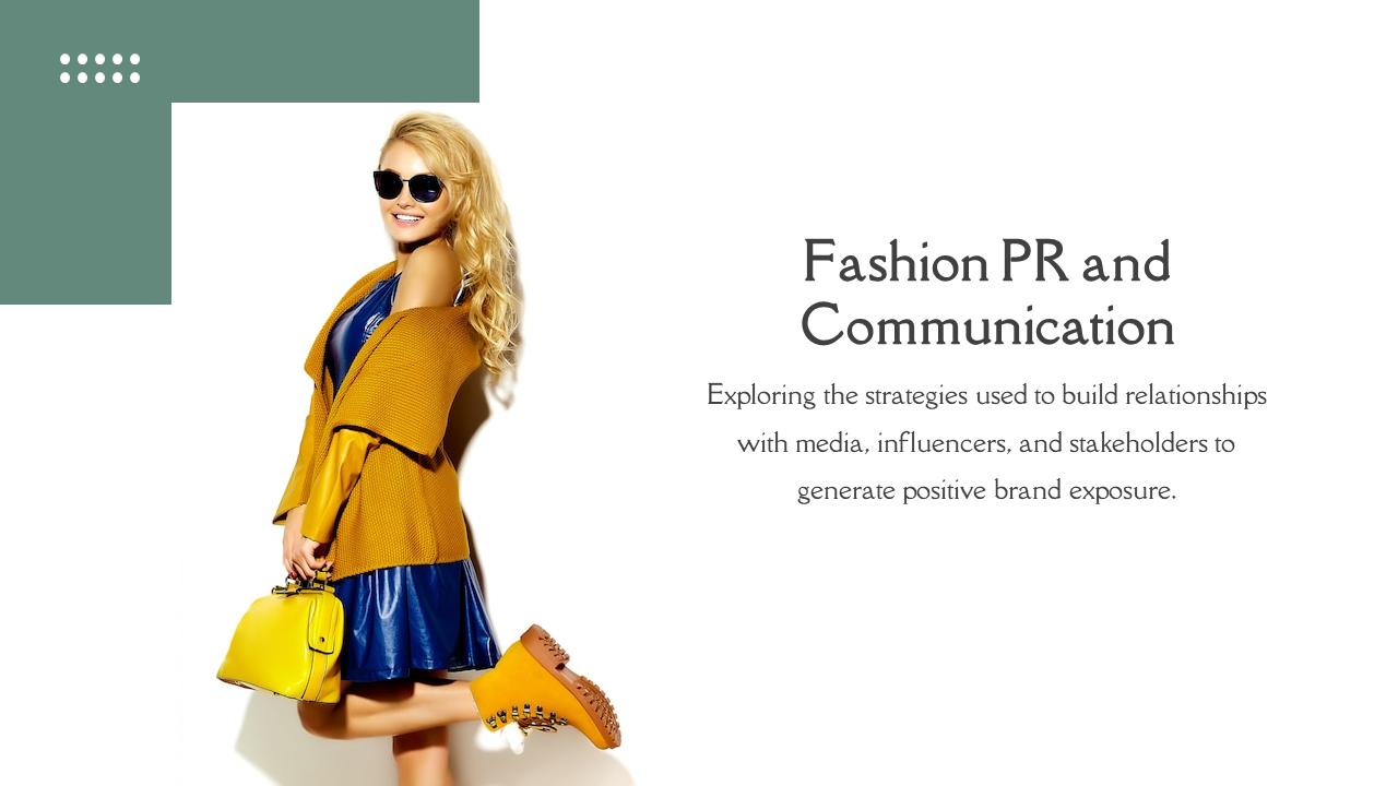 Fashion slide with a woman in a yellow outfit, boots, and holding a handbag, on a green and white background.
