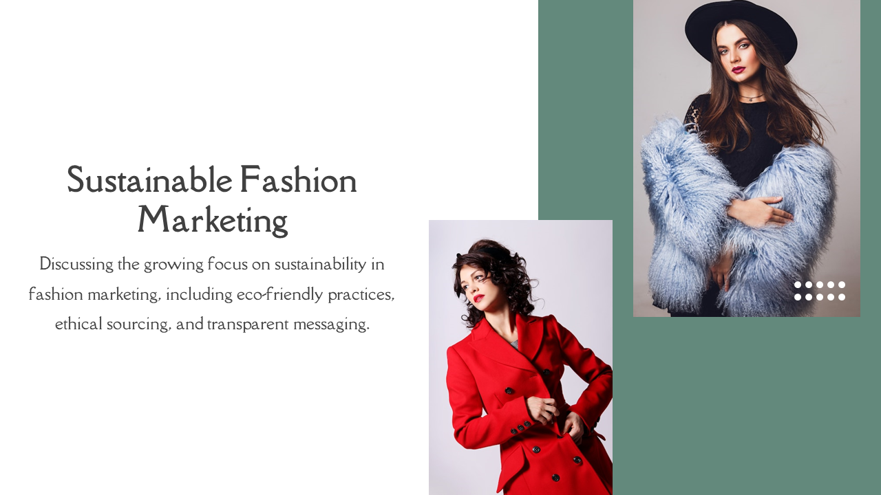 Green and white split layout slide featuring two models, one in red and the other in blue fur, with text space on the left.