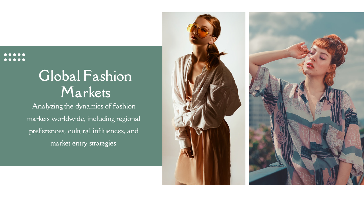 Fashion slide featuring two images of models in different outfits, with green text box on the left, against a white backdrop.