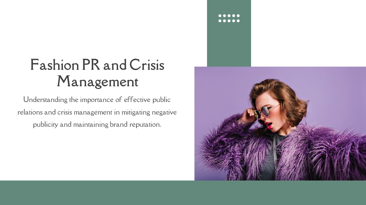 Slide with a green and white layout, showing a model in a purple fur jacket and sunglasses, with text block on the left.