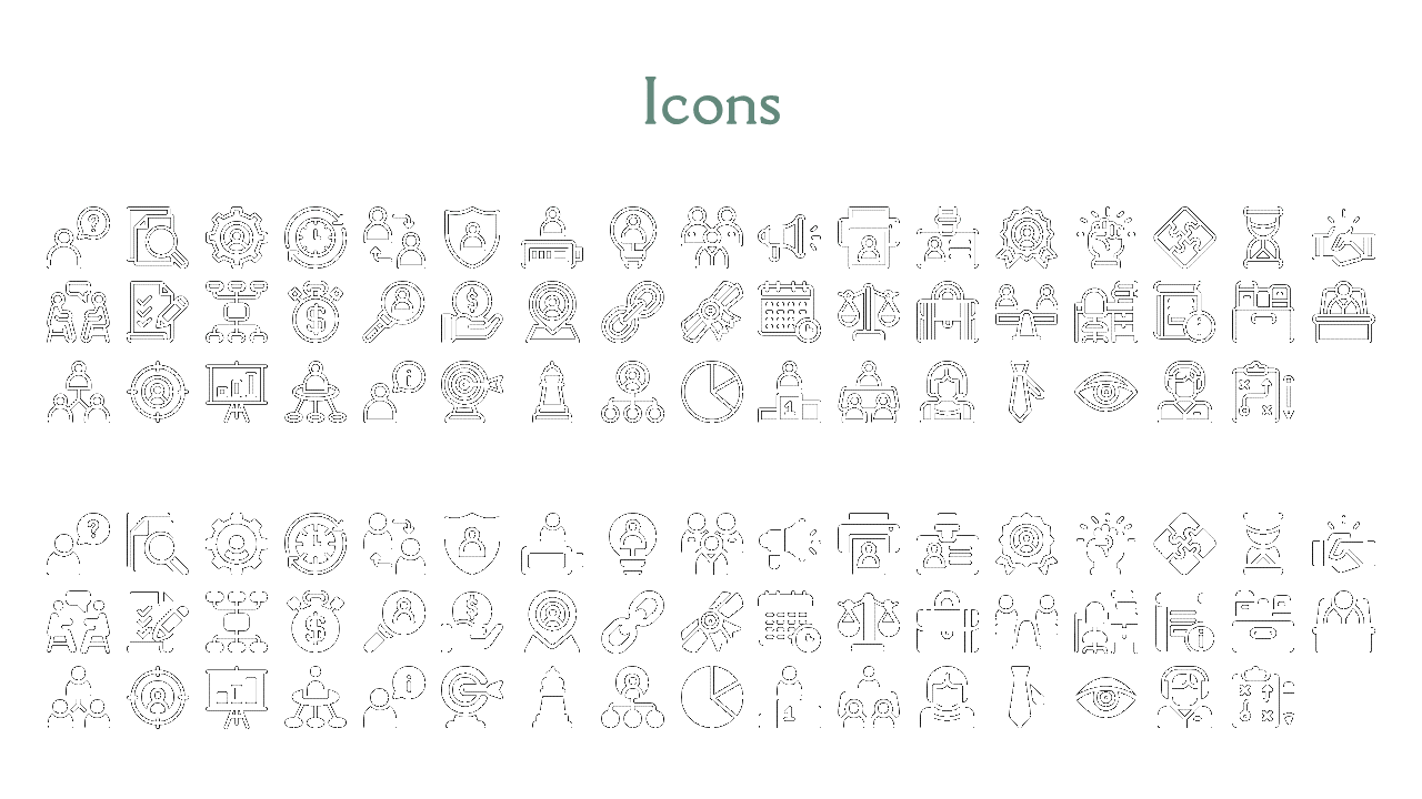 Grid of black outlined and filled icons arranged in two sections, featuring business symbols under pale green title.