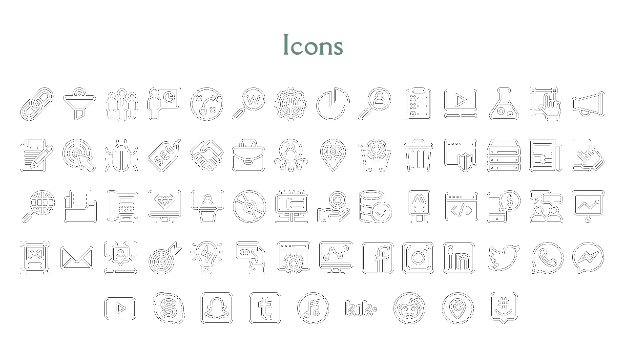 Grid of outlined icons, including social media logos, charts, documents, and professional symbols under green title.