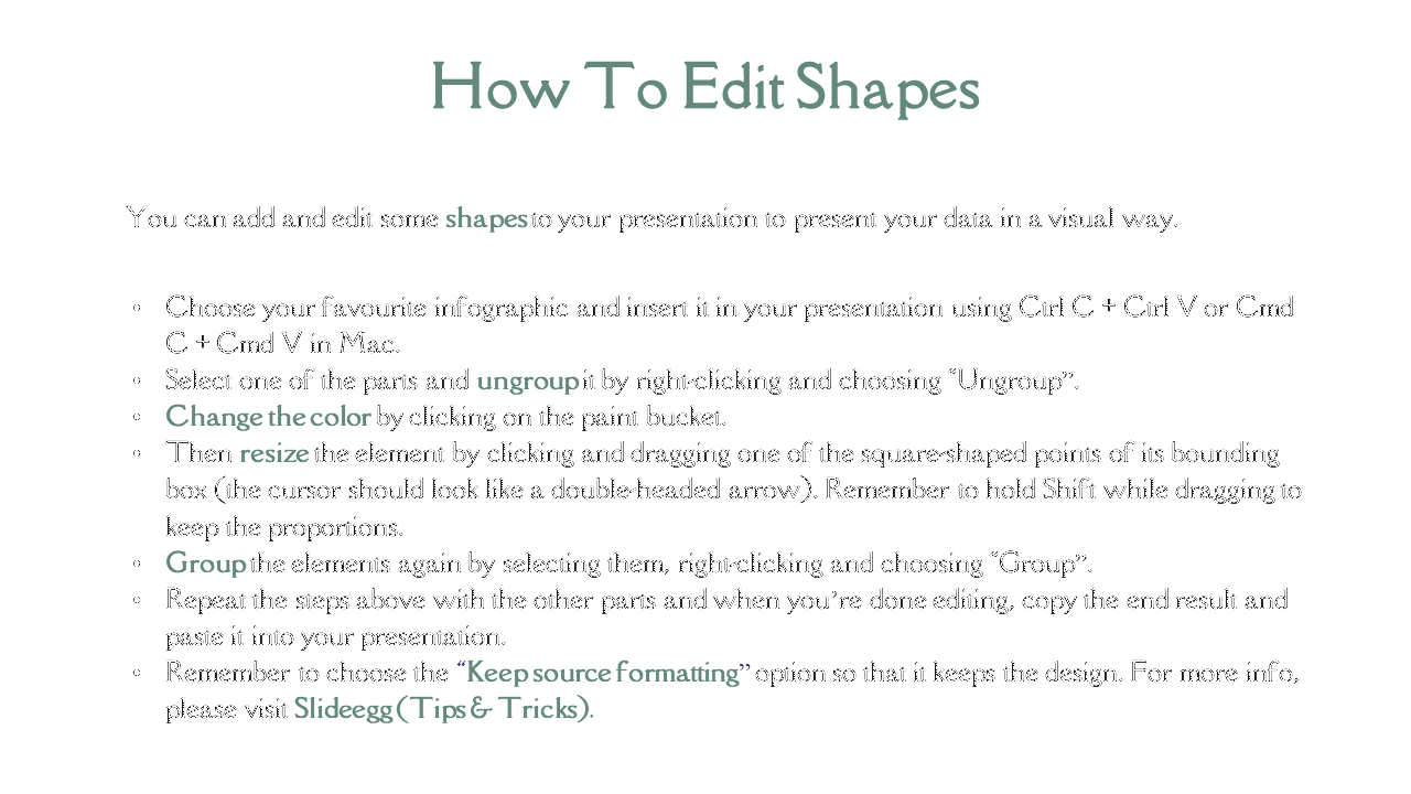 Guide for editing shapes, with detailed steps in green highlighted text for ungrouping, resizing, and grouping elements, 
