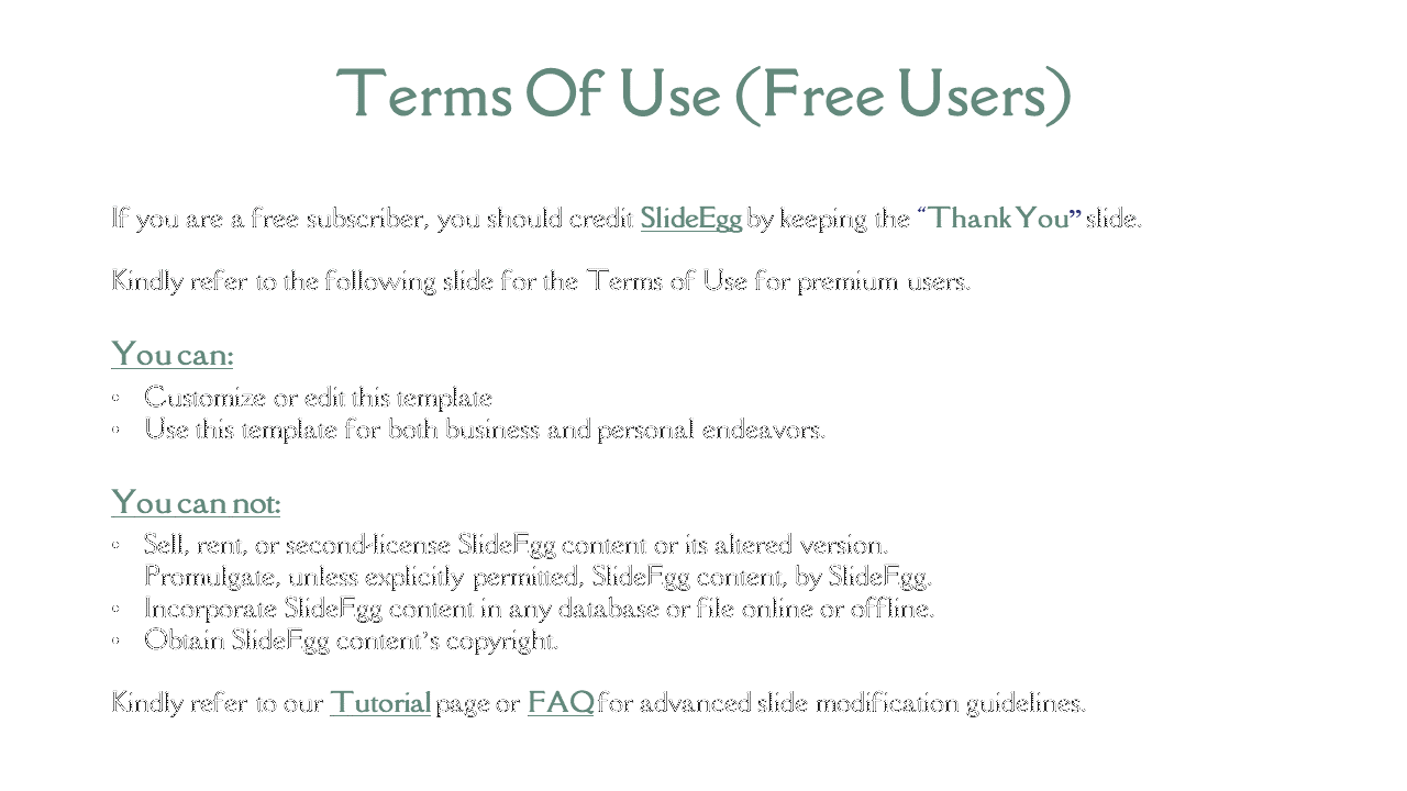 Terms of use slide for free users, detailing customization rights and restrictions, with title and highlighted text in green.