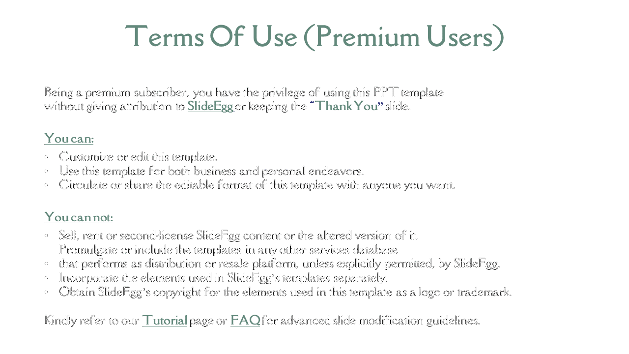 Terms of use for premium users, detailing customization rights and restrictions on SlideEgg templates in green title.