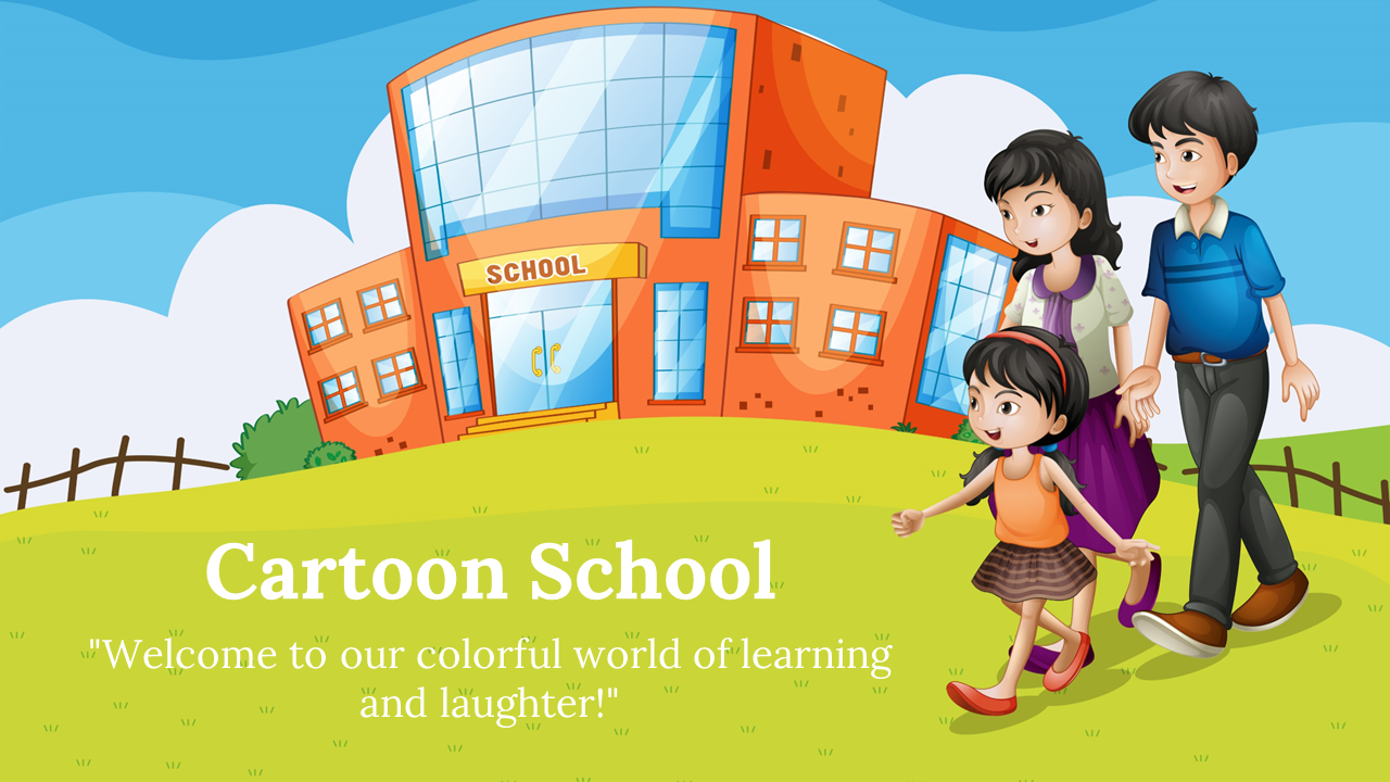 Slide with an illustration of family of three walking on a grassy path in front of a colorful school building.