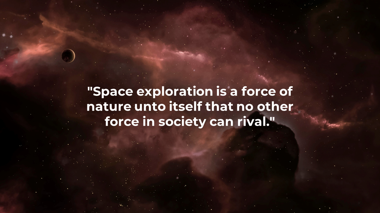 Space themed image with deep reds and purples of a nebula, overlaid with a quote in the center.