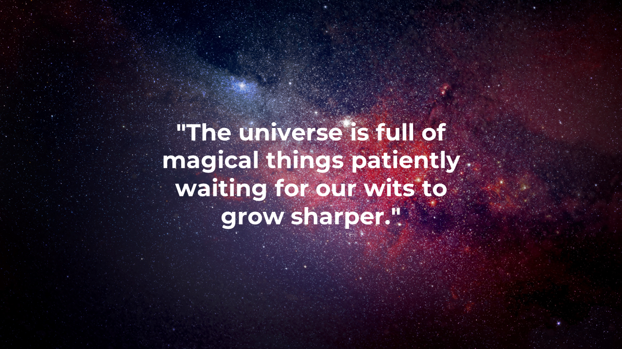 Stunning cosmic background with a blend of deep reds, purples, and blues, featuring a quote in the center.