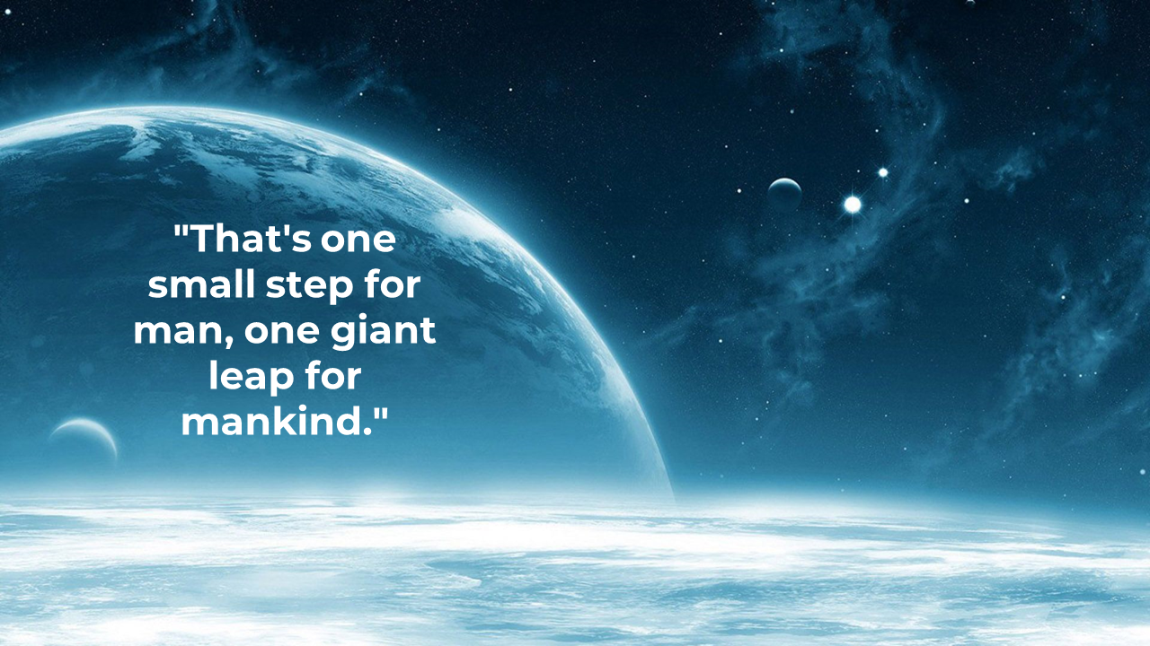 Stunning space scene featuring a planet with stars in the background and a famous quote on left.